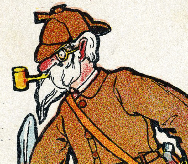 Postcard image of a man with a detective hat, pipe, and gray beard